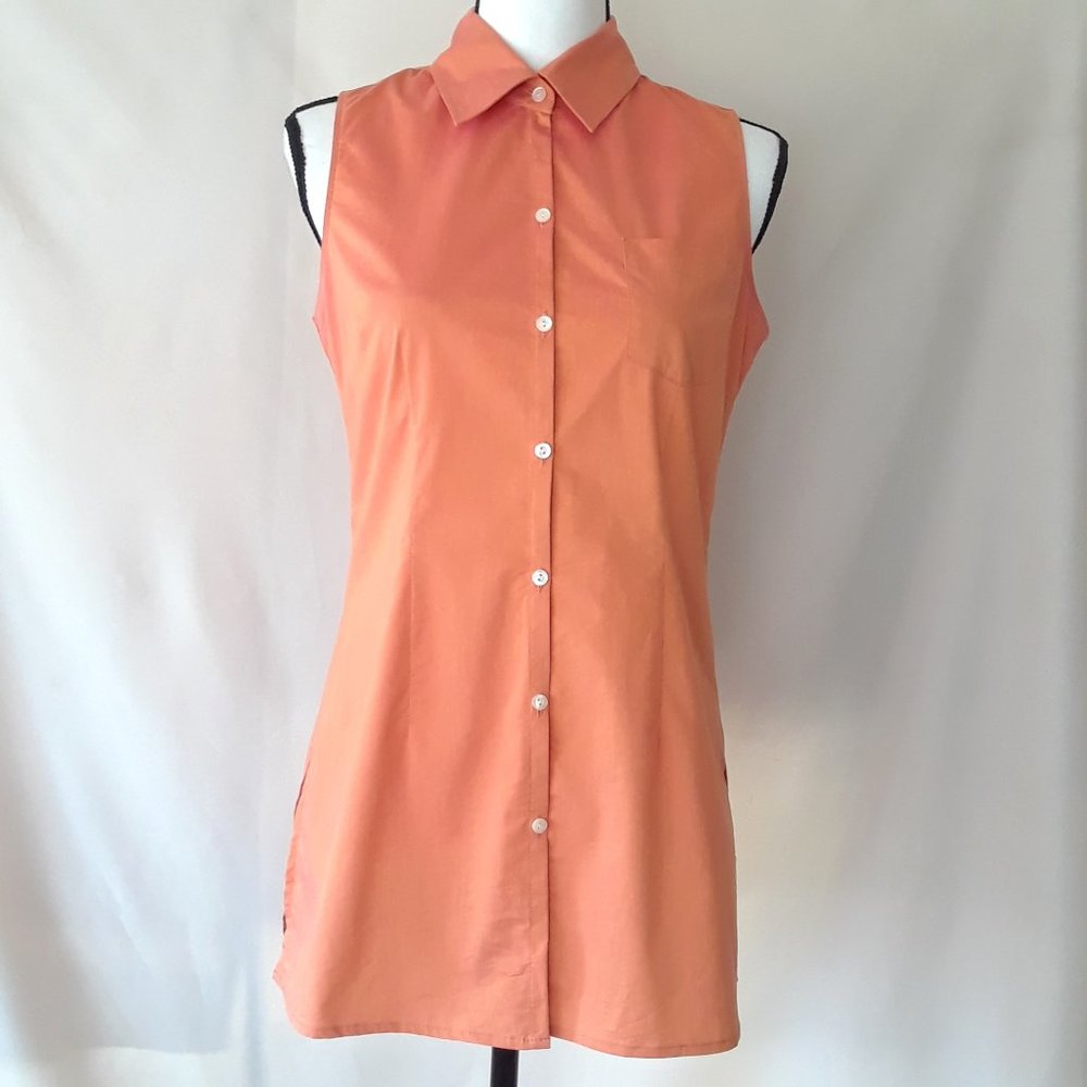 NY & Co Orange Iridescent Collared Button Down Sleeveless Blouse Size S